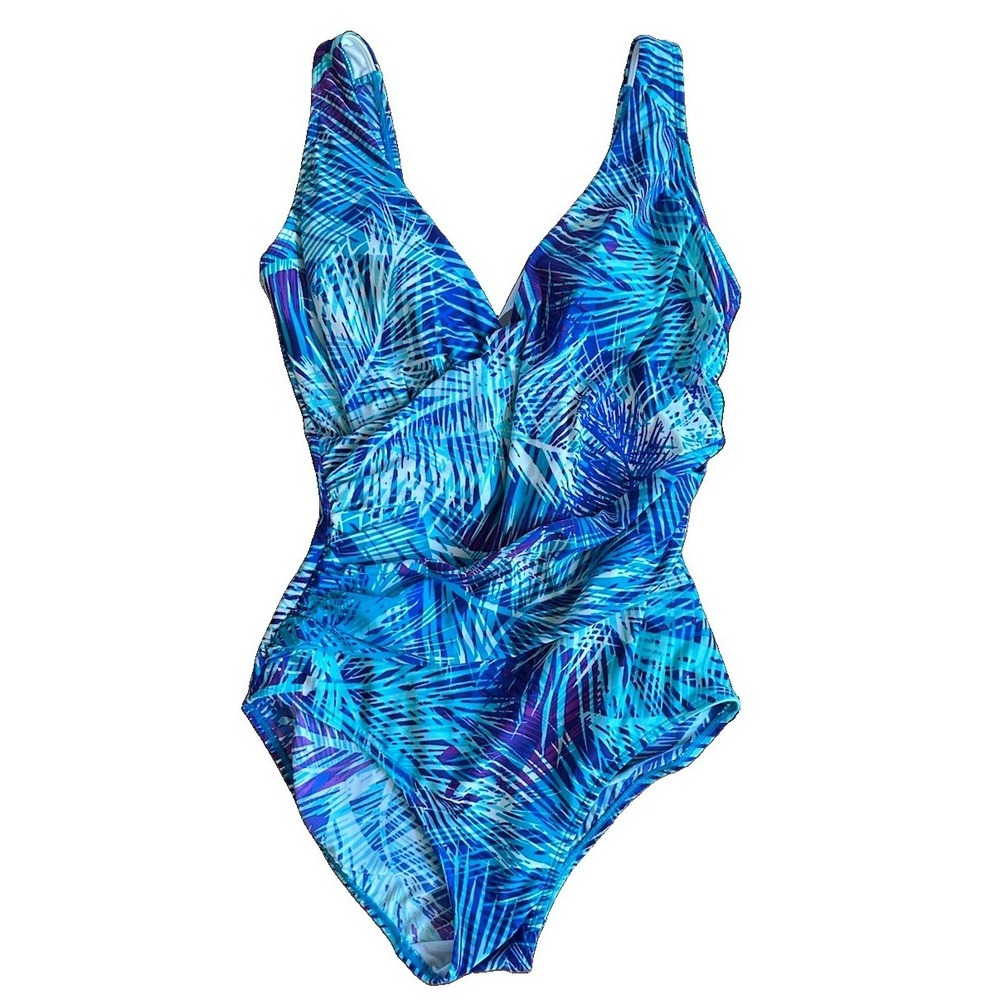 LL Bean Womens 10 One Piece Swimsuit Blue Teal Abstract Built-In Bra 501690